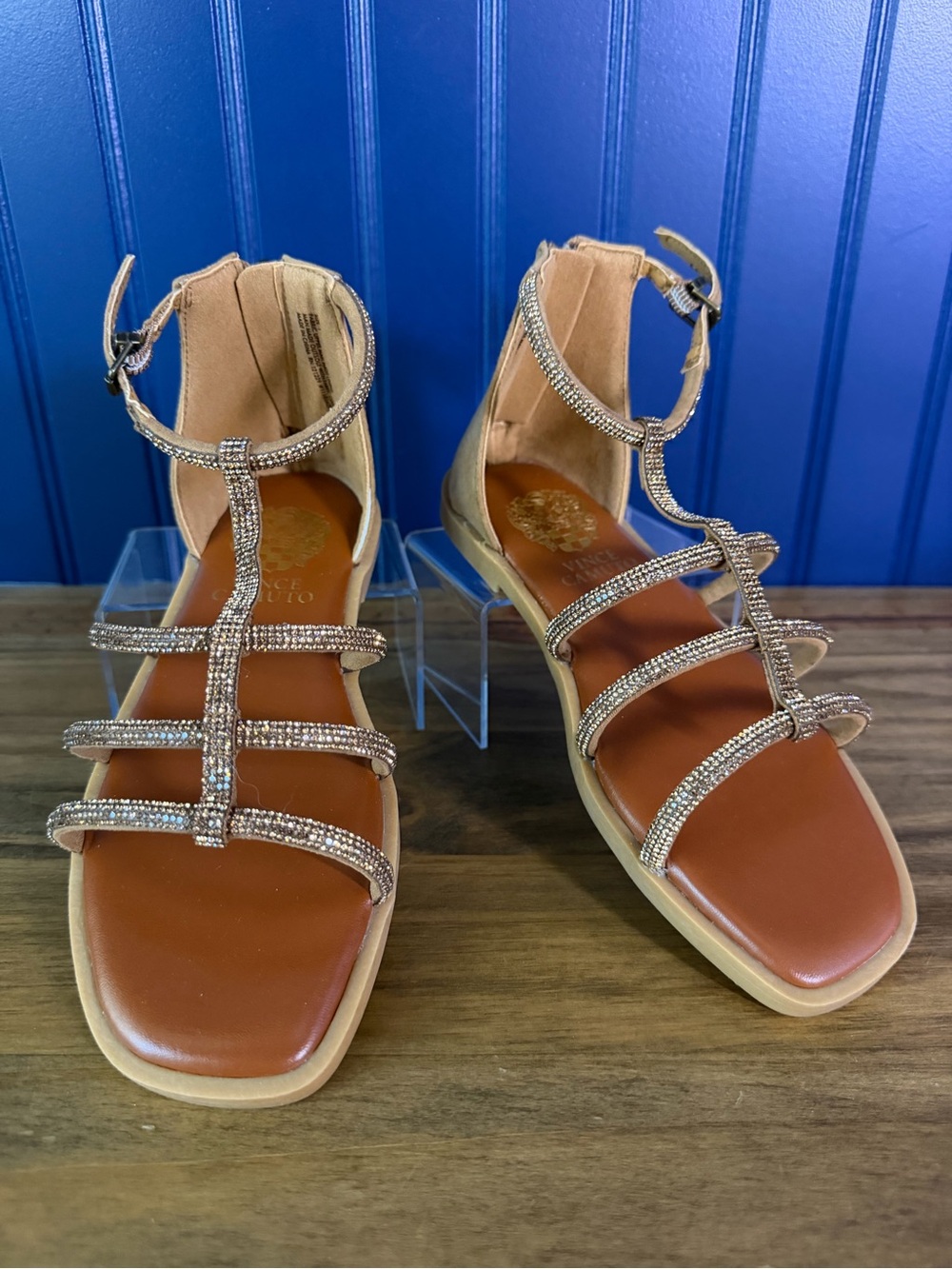 Vince Camuto Girls Rhinestone Gladiator Sandals Nude Tan Size 1